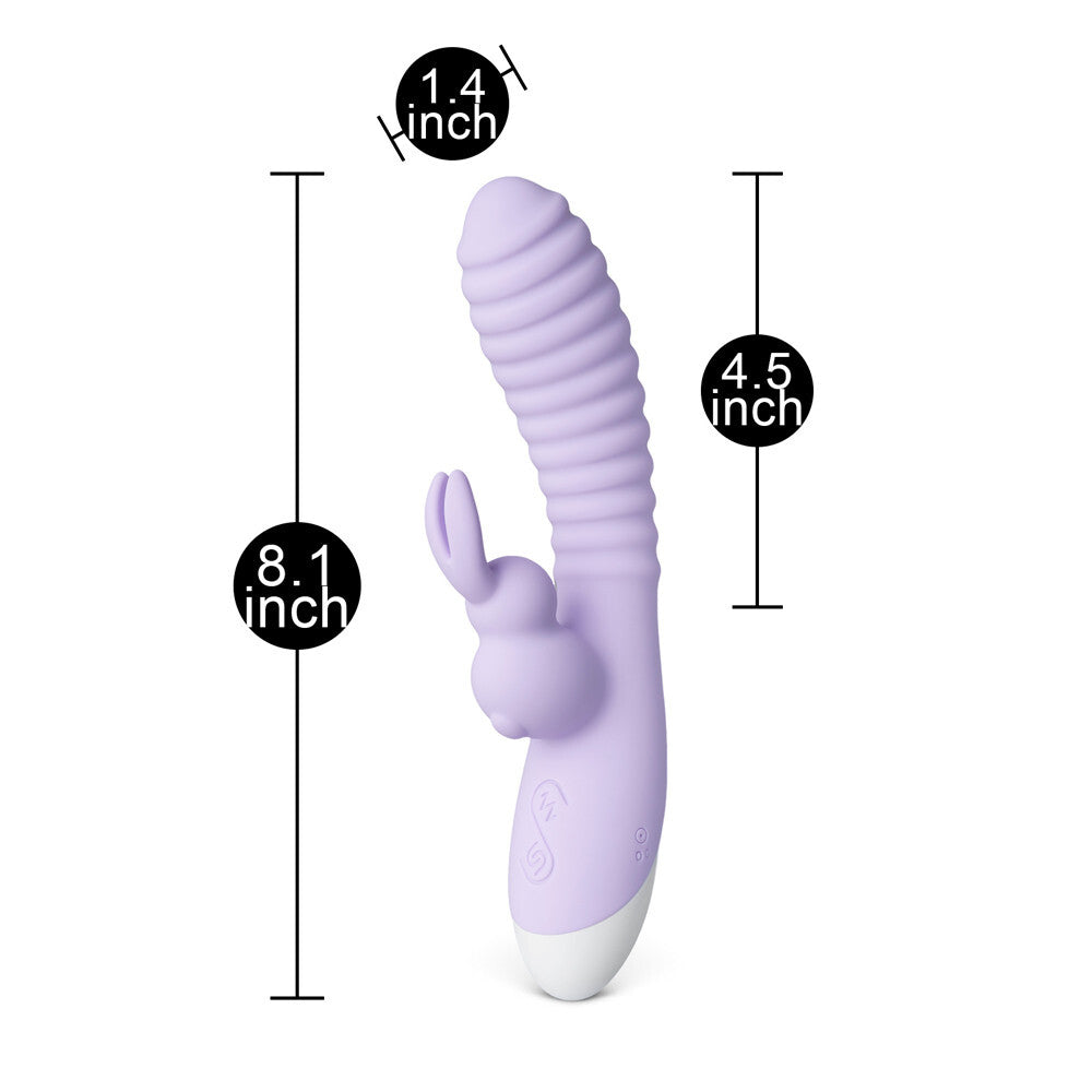 Purple sex toy with measurements on a white background