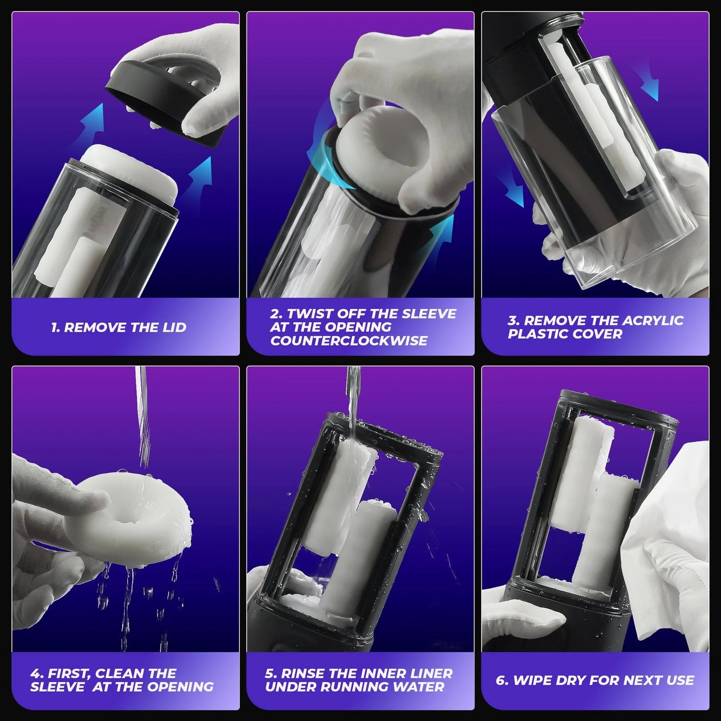 Step-by-step guide on how to clean a device with images and text instructions.