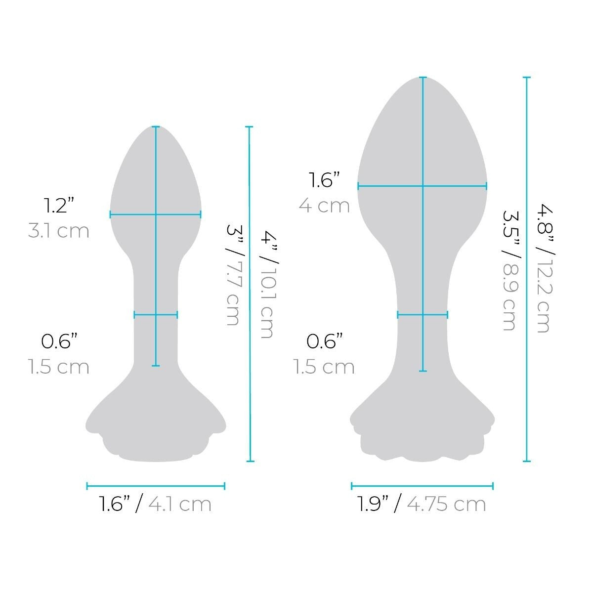Measurement chart of a product with dimensions labeled in both inches and centimeters.