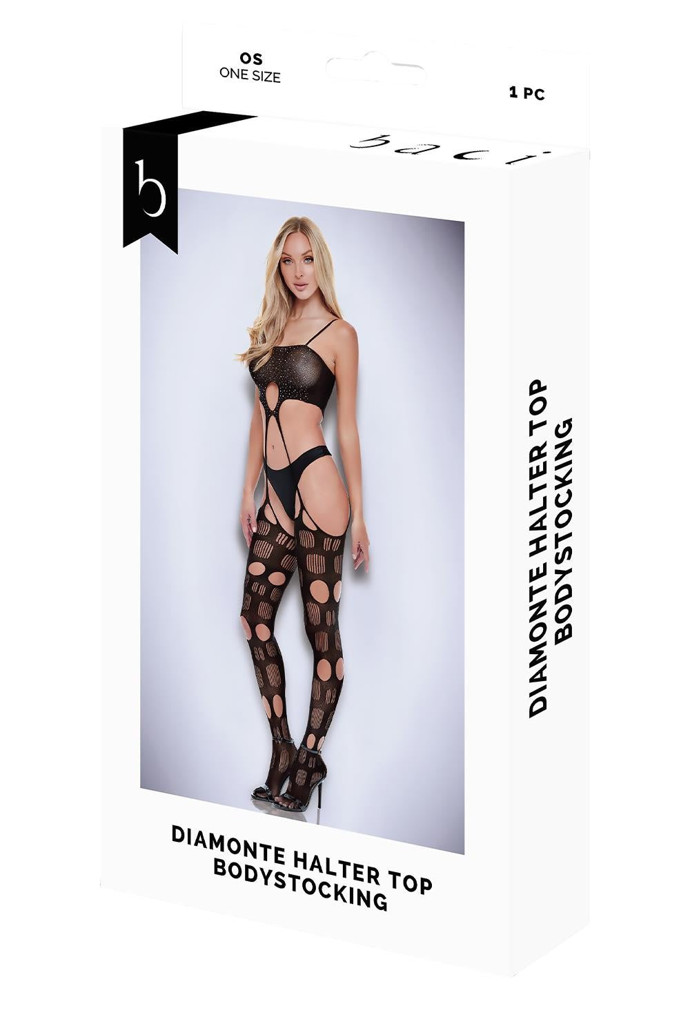 Boxed diamonte halter top bodystocking with model on a white background