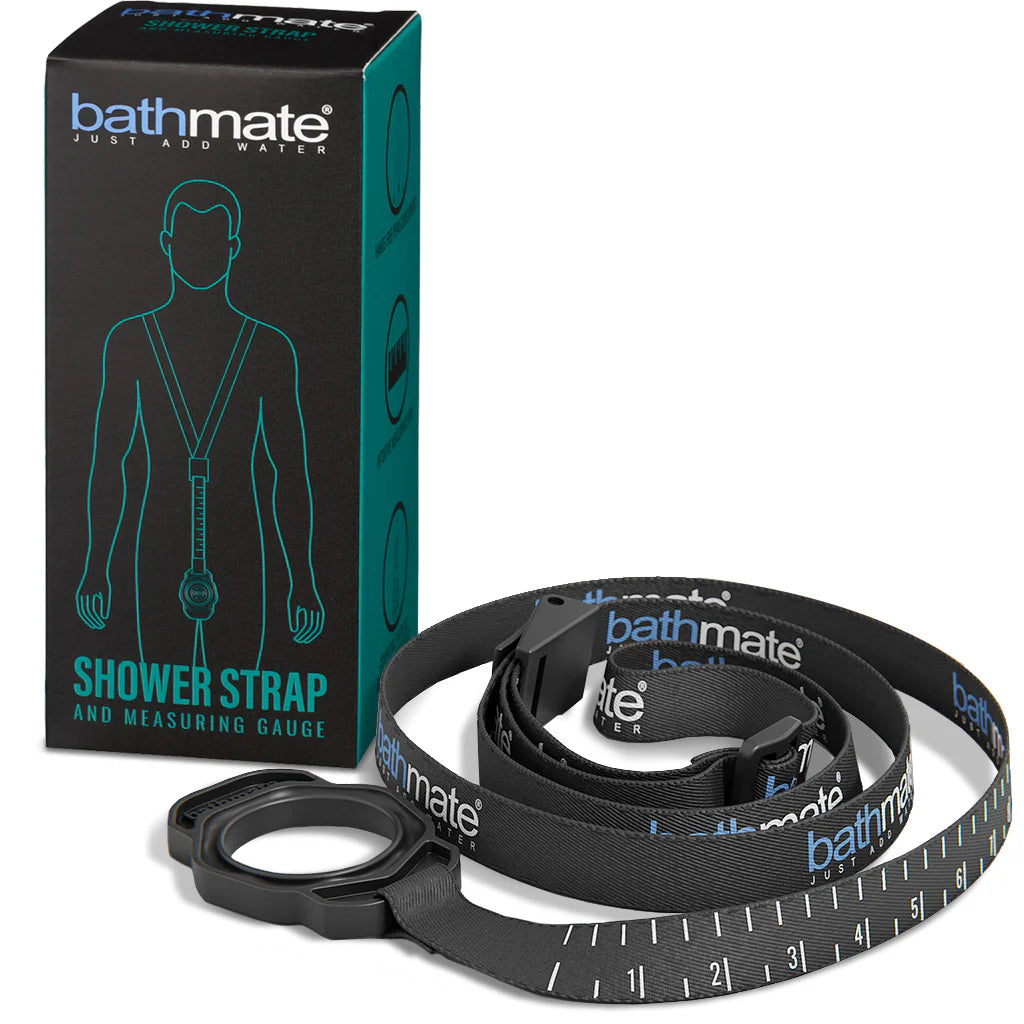 Bathmate Shower Strap And Product Packaging On White Backgound