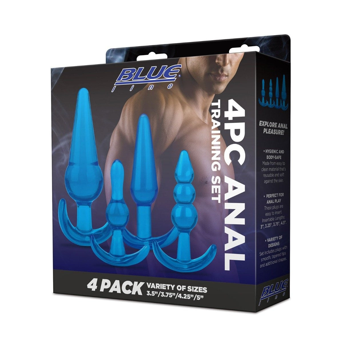 Packaging of a 4-piece anal training set with blue products and visible branding.