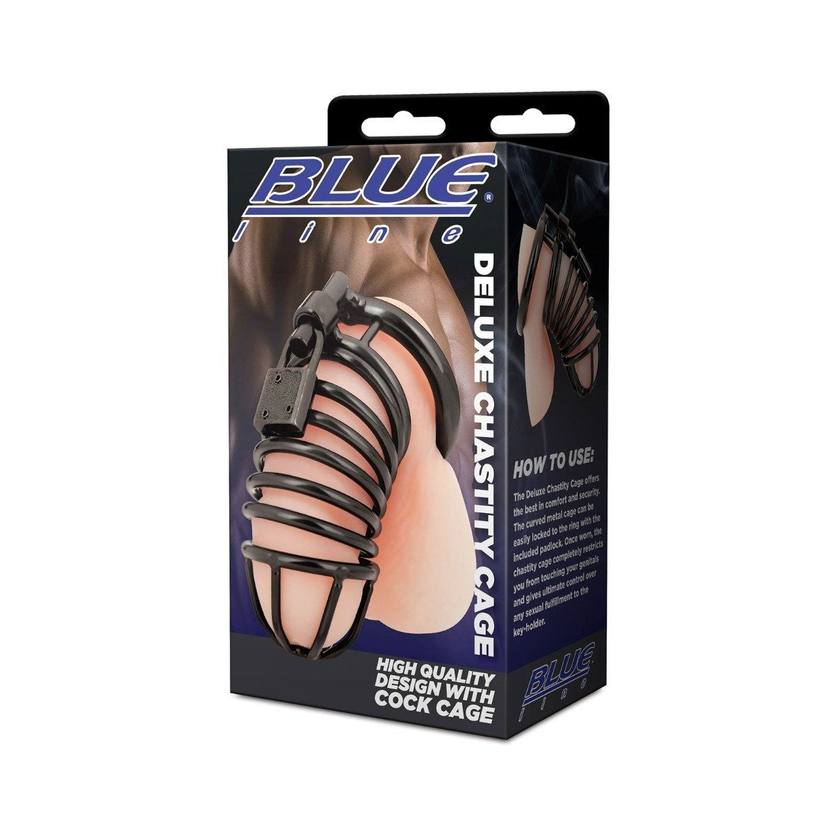 Box of Blue Deluxe Chastity Cage on a white background