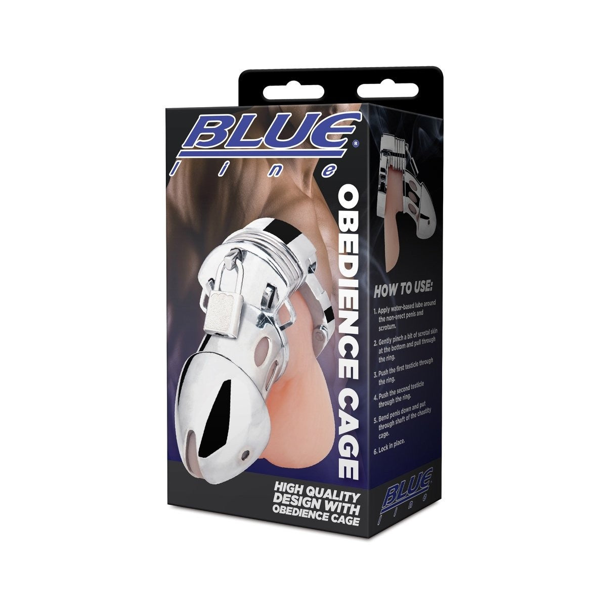 Box of a 'Blue Obedience Cage' product on a white background