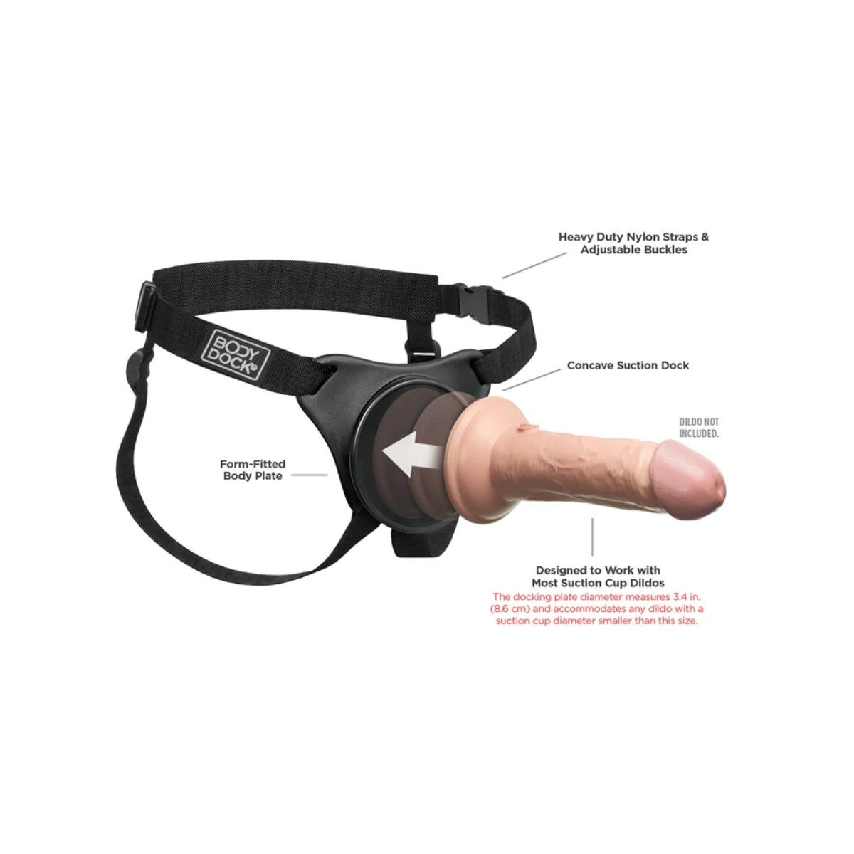 Product diagram of a harness with labeled features on a white background