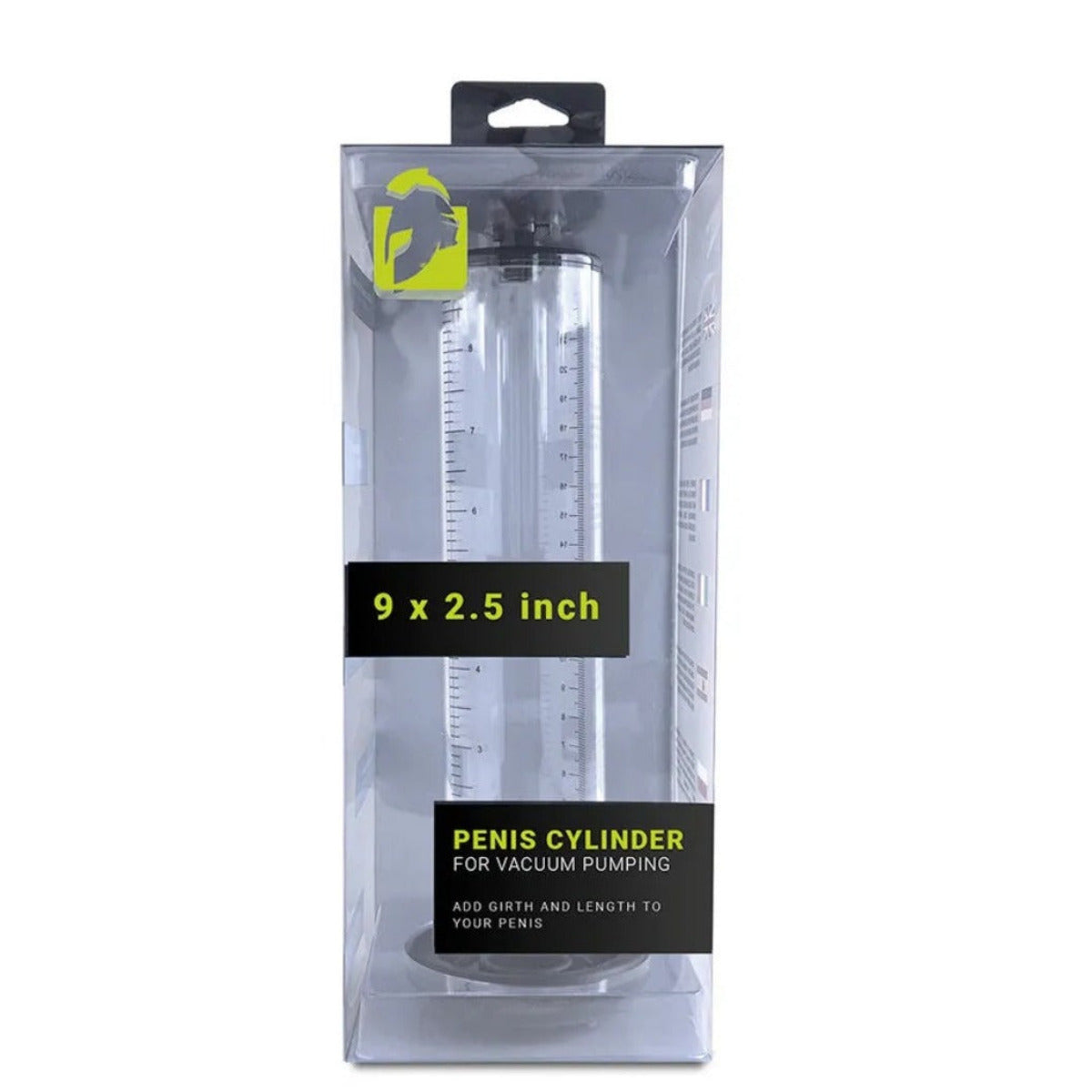 A packaged vacuum pump product shown in a clear plastic retail box with a black hanging tab. The box contains a clear cylindrical pump with measurement markings and text reading 9 x 2.5 inch