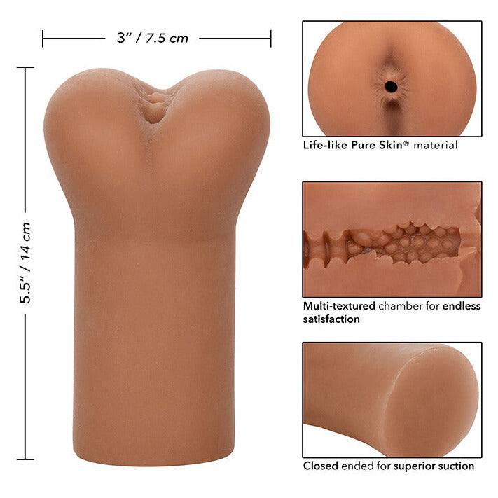 Sexual product with dimensions and material details on a white background