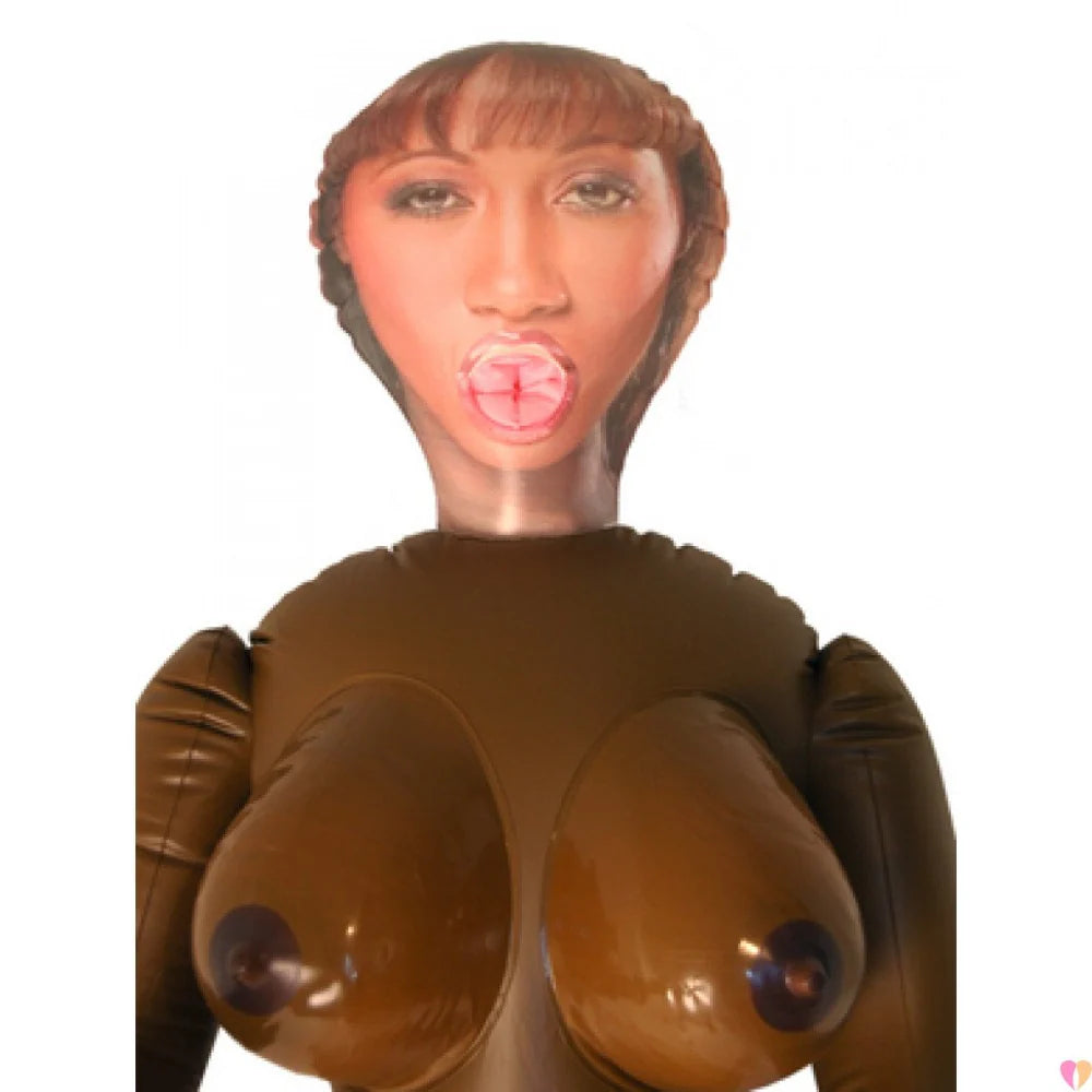 Inflatable costume with a woman's face and body on a white background