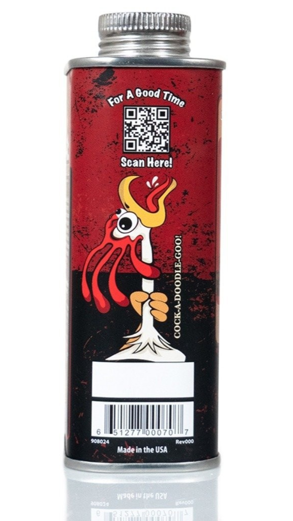 Can with a red label featuring a cartoon character and QR code on a white background