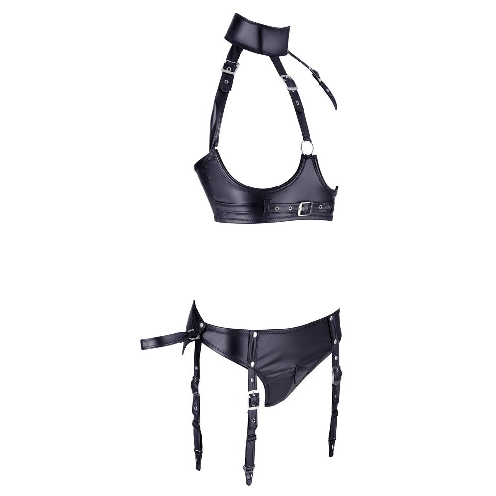 Black lingerie harness set on a white background