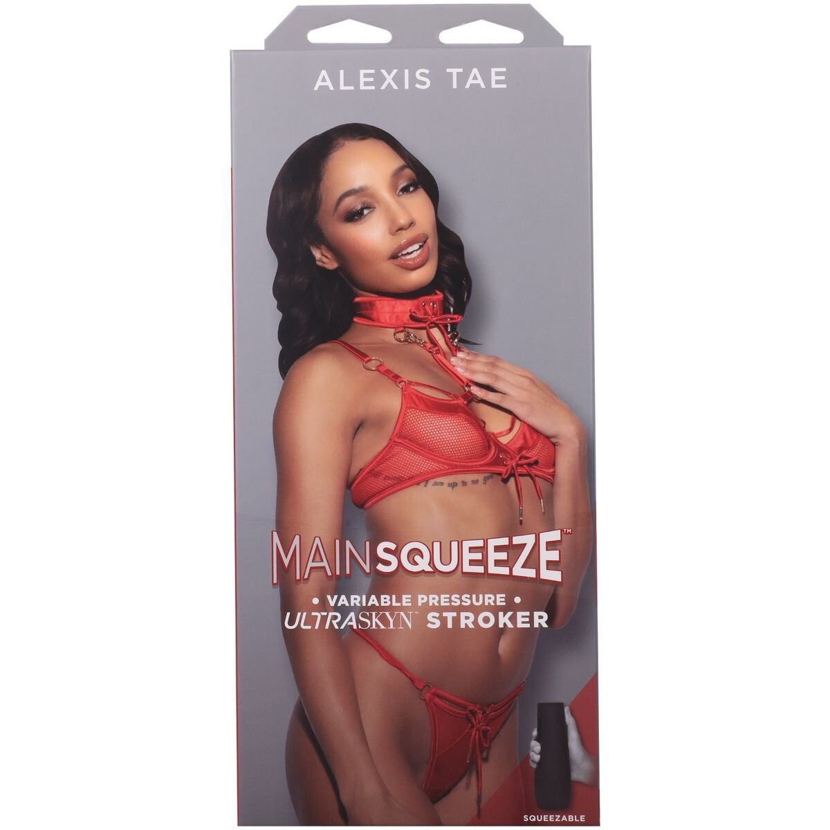 Product packaging for 'Mainsqueeze' with a model wearing red lingerie on a gray background.