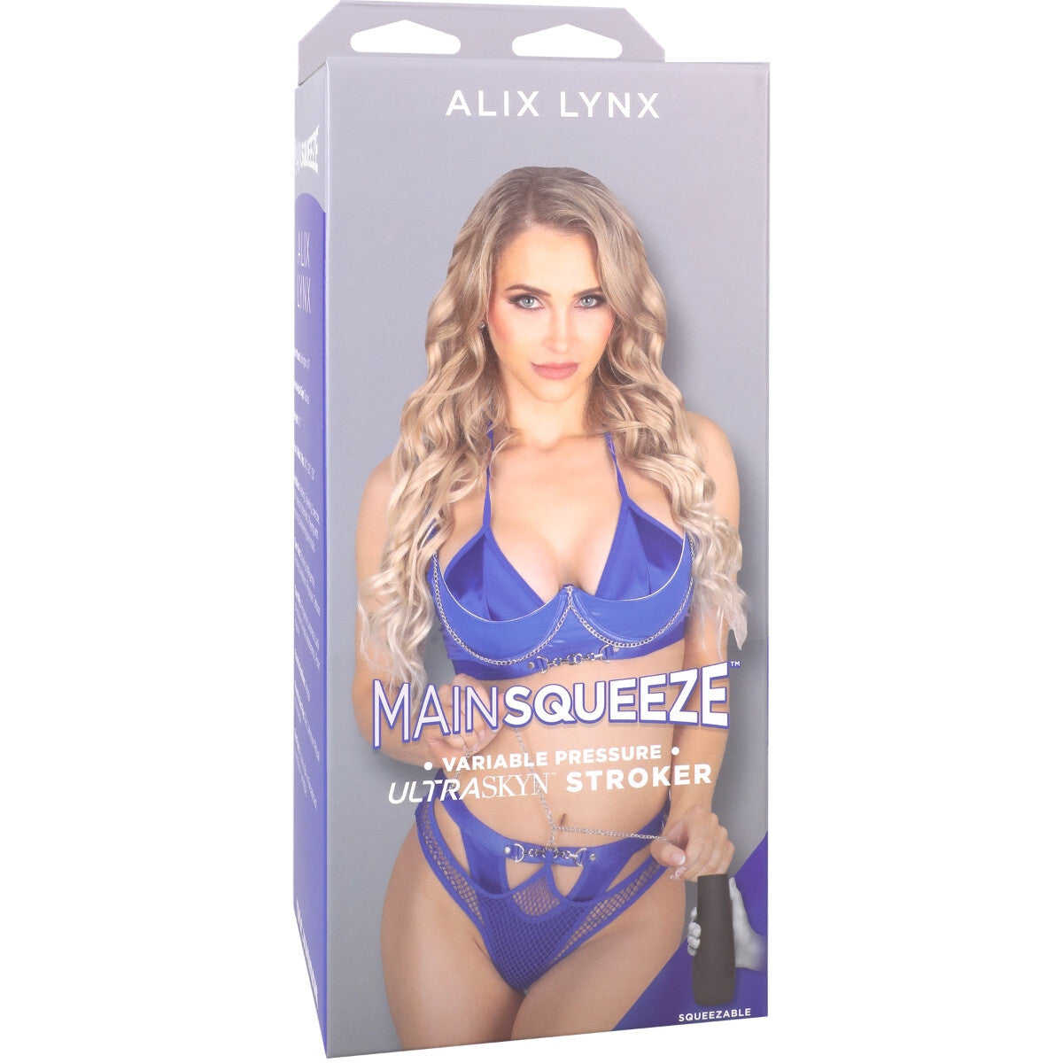Alix Lynx MainSqueeze product packaging with a model wearing a blue lingerie set on a white background.