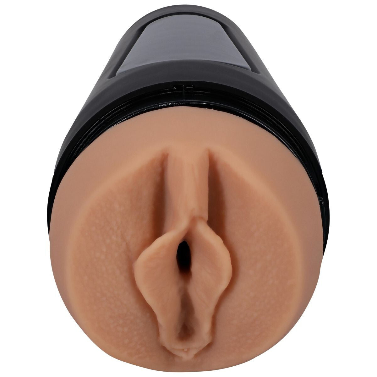 Close-up of a beige colored masturbator with a black cap on a white background