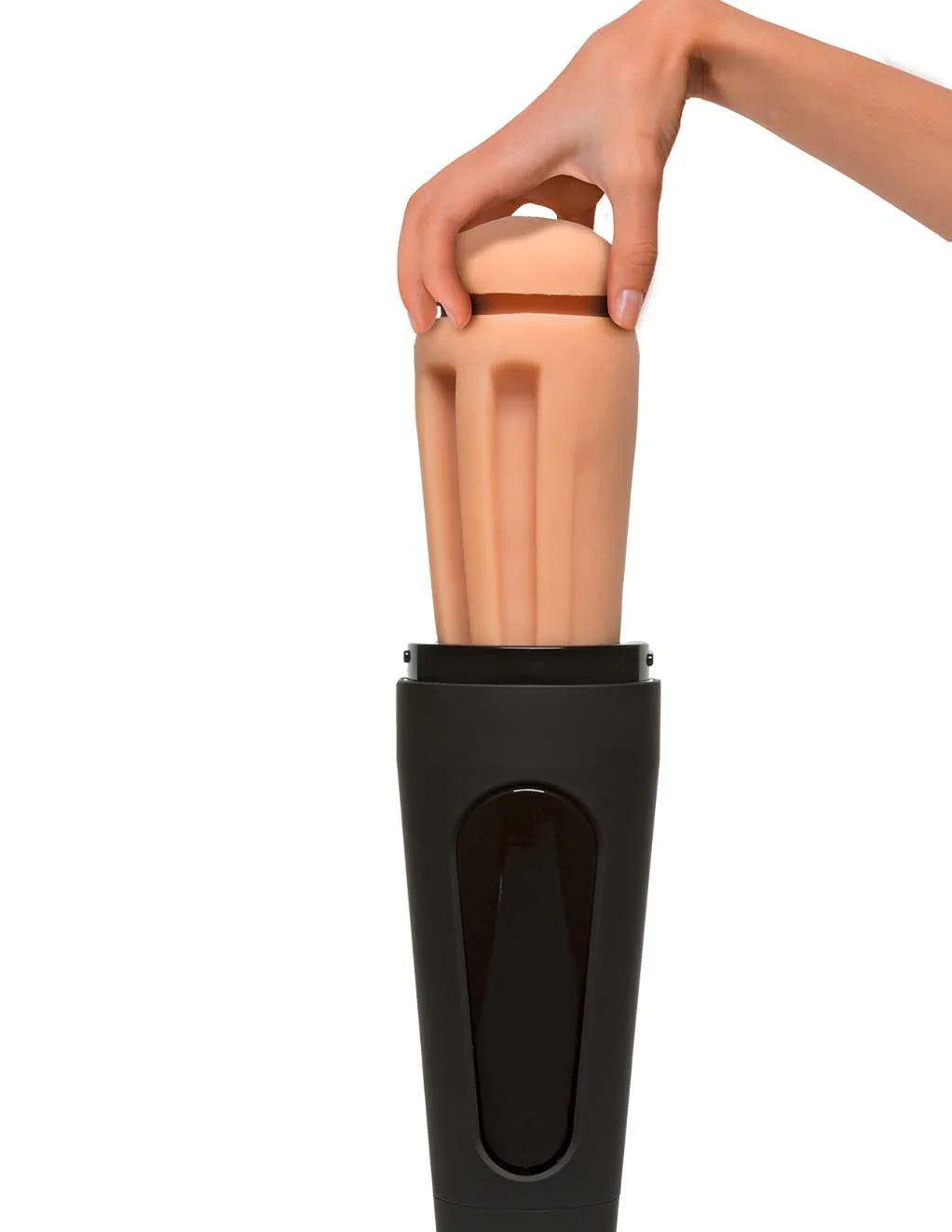 Hand holding a masturbator sleeve above a black case on a white background