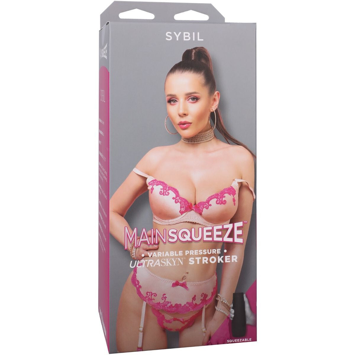 Product packaging for 'Main Squeeze' by SYBIL with a model wearing lingerie.