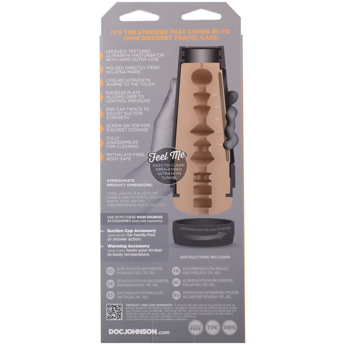 Packaging of a sex toy with text and branding on a gray background