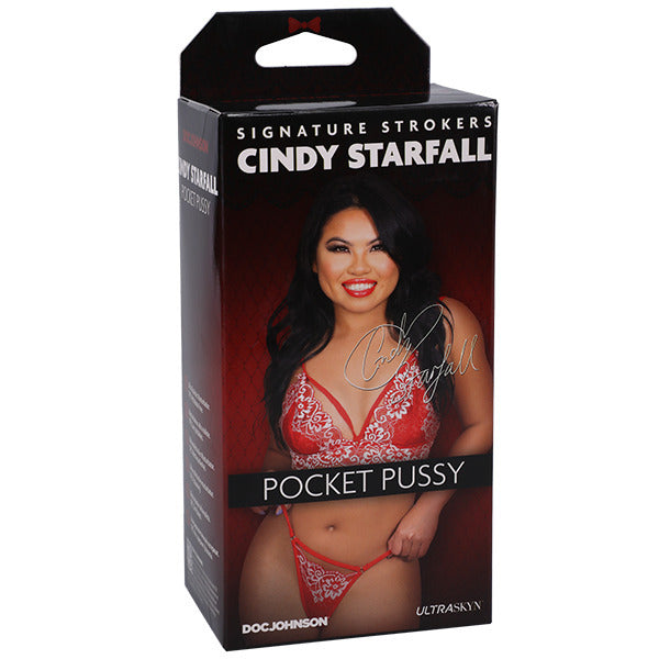 Product packaging for 'Pocket Pussy' by Cindy Starfall with a model wearing red lingerie.
