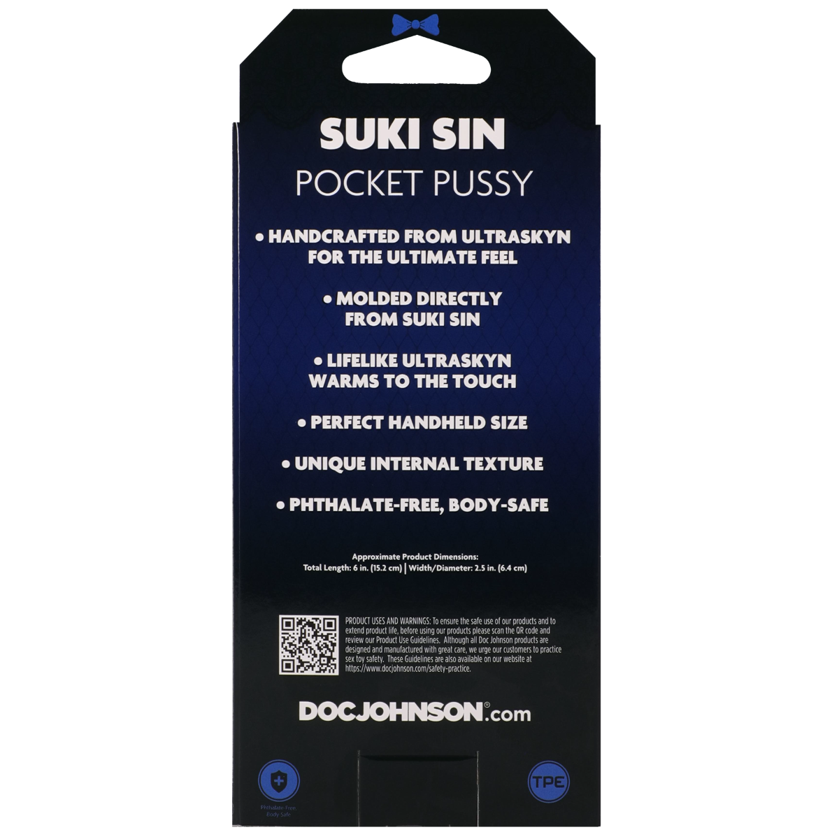 Product packaging for 'Suki Sin Pocket Pussy' with branding and product details on a white background.