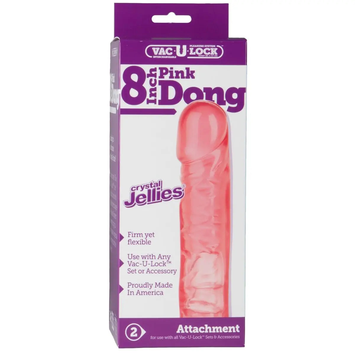Pink '8 Inch Dong' packaging with purple and white text on a white background