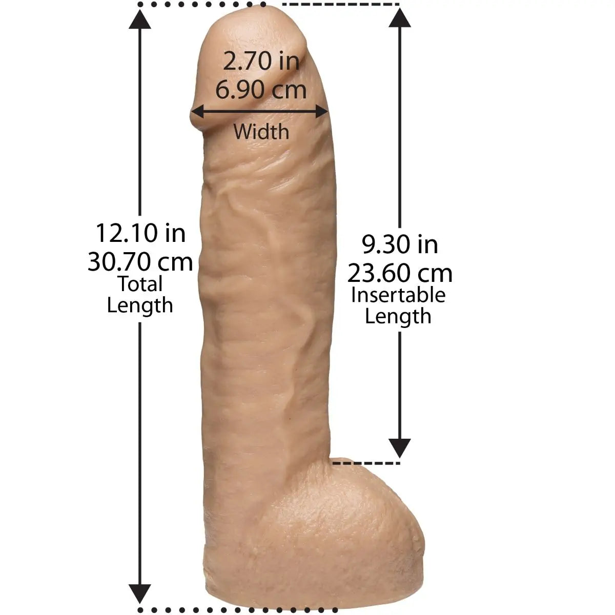 Measurement chart of a beige dildo with dimensions labeled.