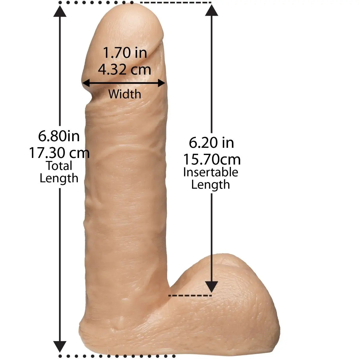 Measurement chart of a realistic dildo with dimensions labeled