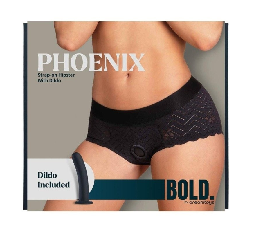Product packaging for 'Phoenix' strap-on hipster with dildo included, featuring a model wearing the product.
