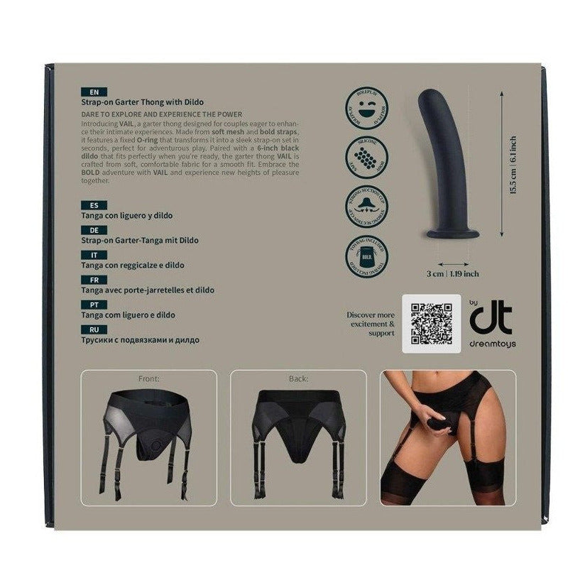 Product packaging with text and images of a black garter thong on a white background