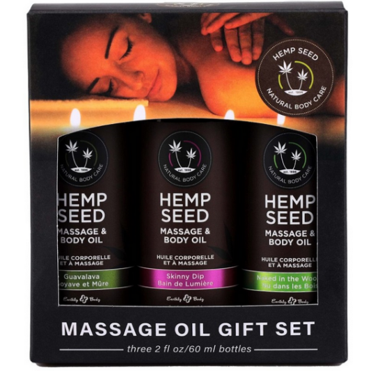 Hemp Seed Massage Oil gift set packaging with three bottles on a black background.