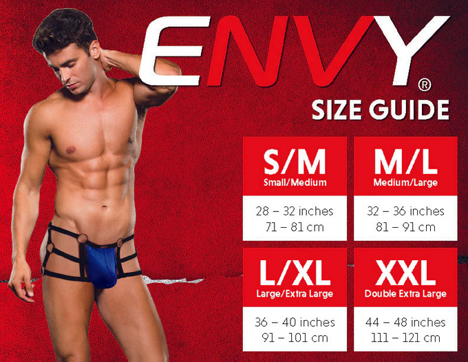 Man modeling underwear with Envy size guide on a red background