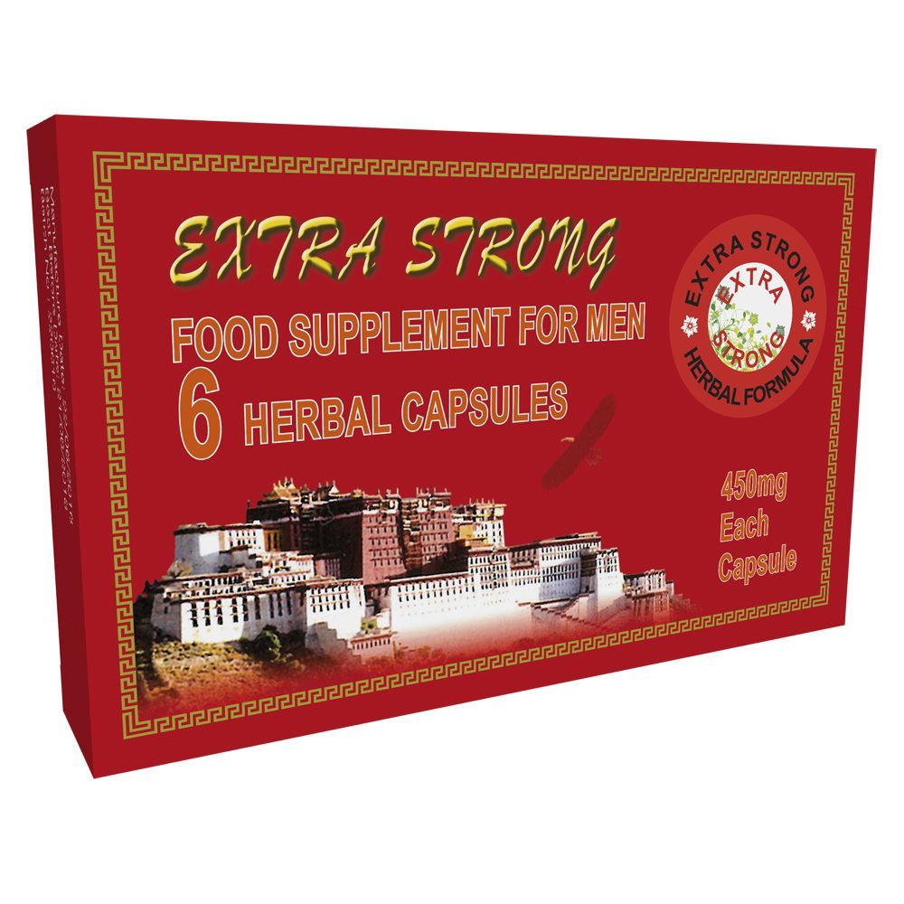 Red box of Extra Strong food supplement for men with herbal capsules on a white background