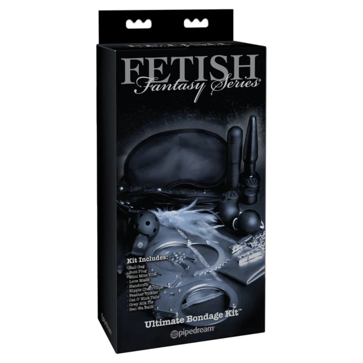 Black packaging of a 'Fetish Fantasy Series' Ultimate Bondage Kit with product images on a white background.