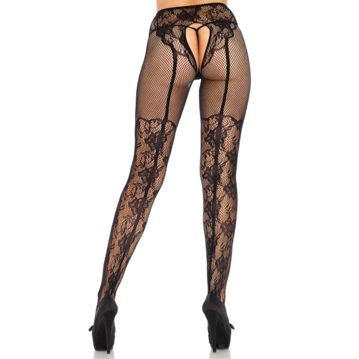 Black lace fishnet stockings on a white background