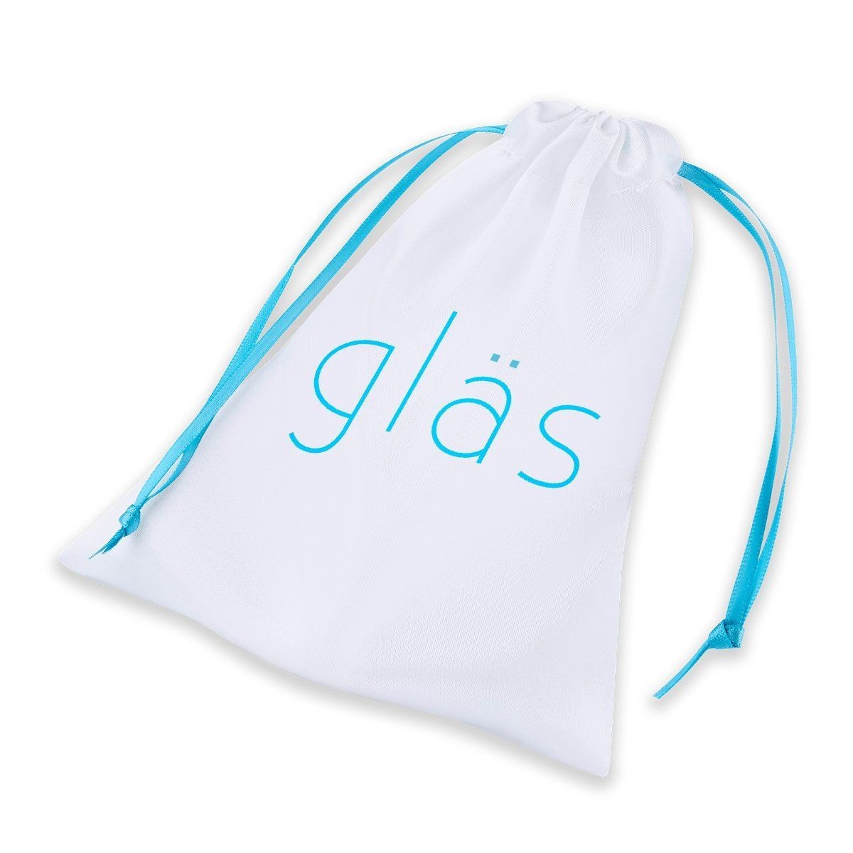 White drawstring bag with blue drawstrings and 'glas' branding on a white background