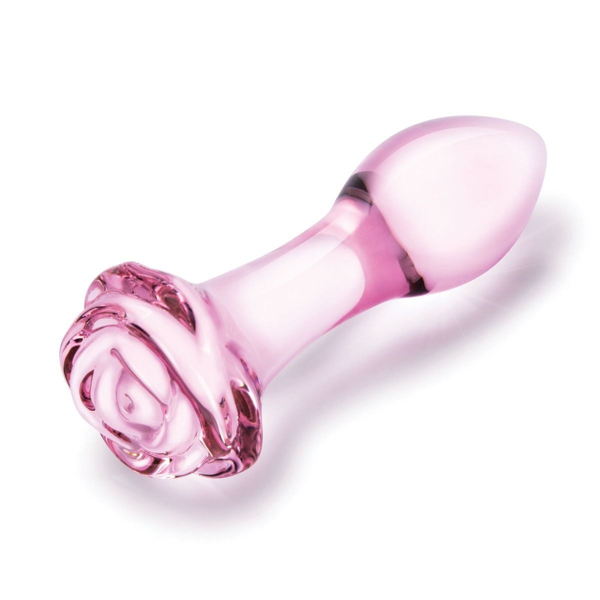 Pink rose-shaped anal plug on a white background