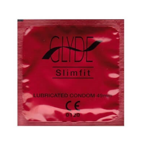Red condom package with 'Glyde Slimfit' branding on a white background