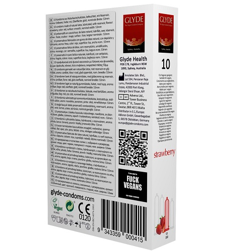 Glyde strawberry condom packaging with text and branding on a white background