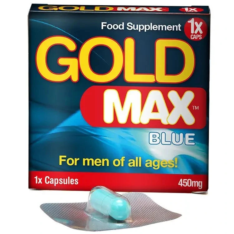 Gold Max Blue food supplement packaging with a capsule on a white background