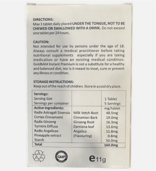 Back of a GoldMAX Instant Premium supplement packaging with directions, caution, storage instructions, and ingredient list.