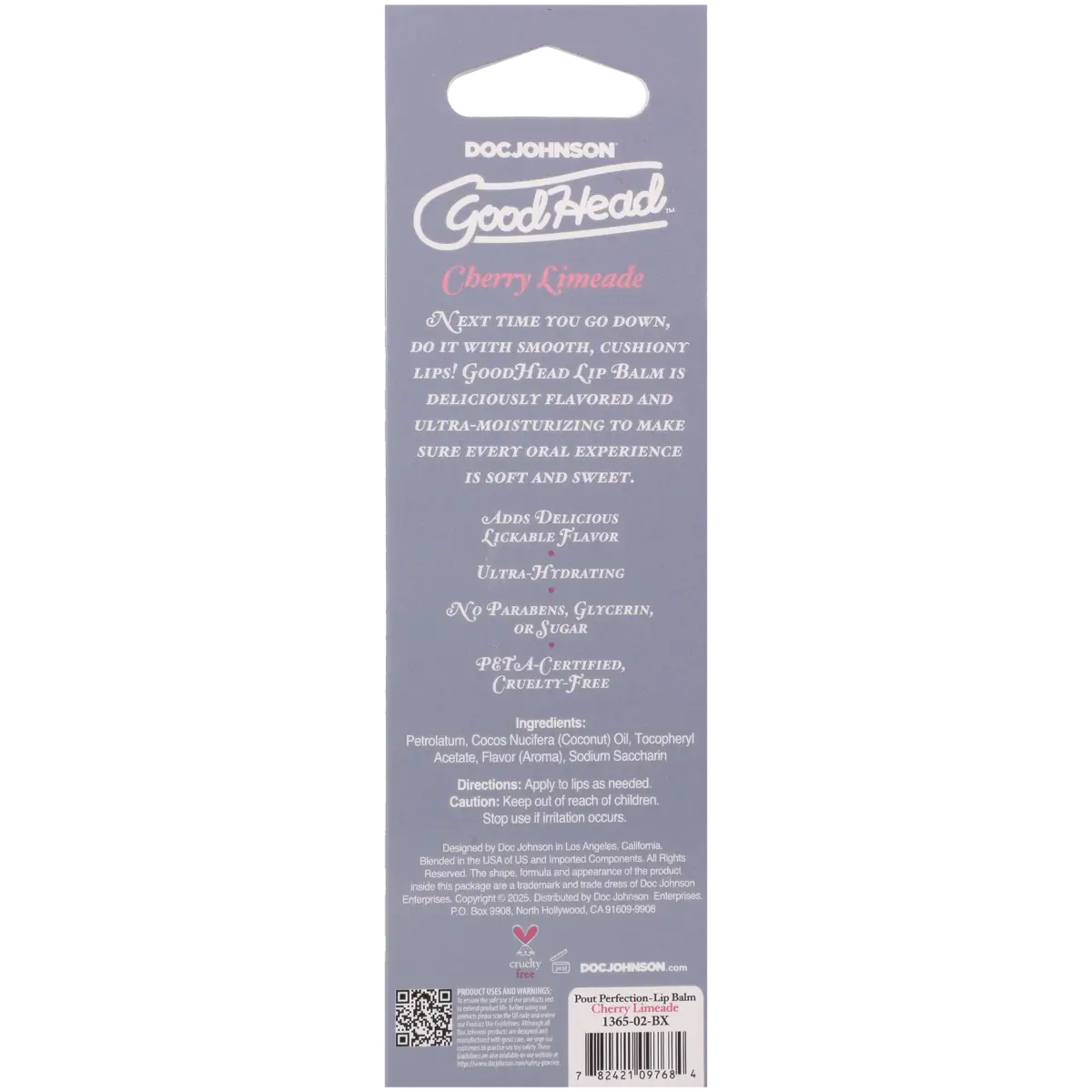 Back of a Doc Johnson GoodHead Cherry Limeade lip balm packaging with text and branding.