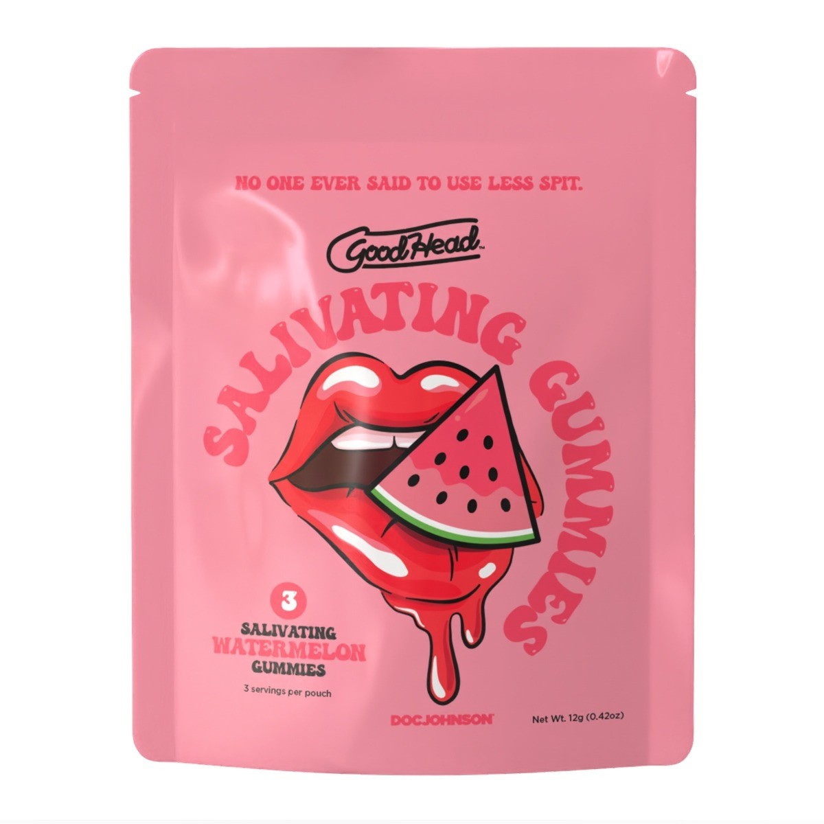 Pink packaging of 'GoodHead' salivating watermelon gummies with a graphic of lips and a watermelon slice.