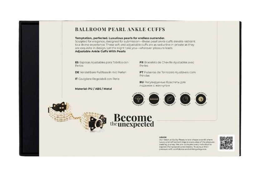 Product packaging for Ballroom Pearl Ankle Cuffs with brand name and product details.