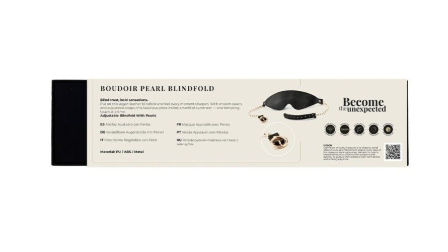 Boudoir Pearl Blindfold packaging with product details on a white background