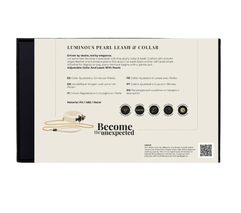 Product packaging for a 'Luminous Pearl Leash & Collar' with branding text and QR code.