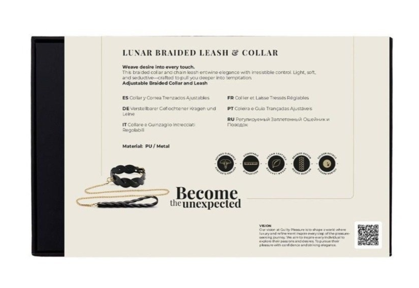 Product packaging for Lunar Braided Leash & Collar with text and branding on a white background.