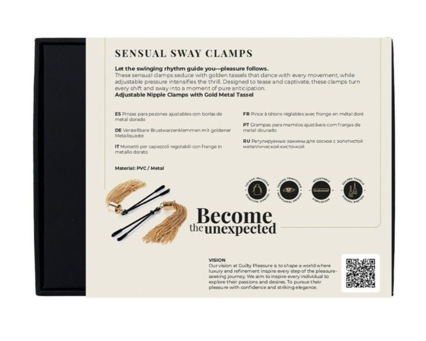 Product packaging for Sensual Sway Clamps with branding and product description on a white background.