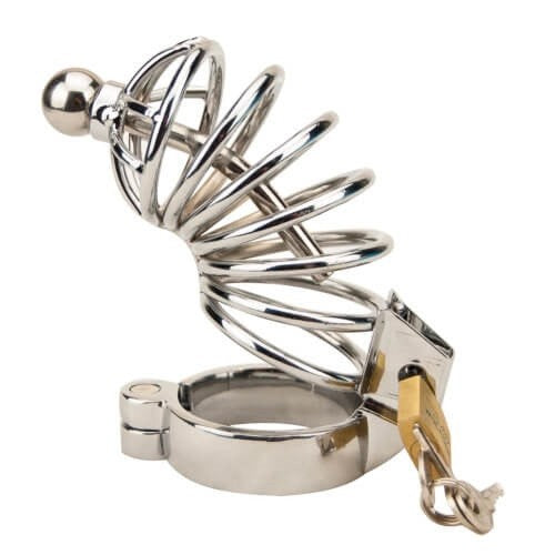 Metallic chastity device on a white background