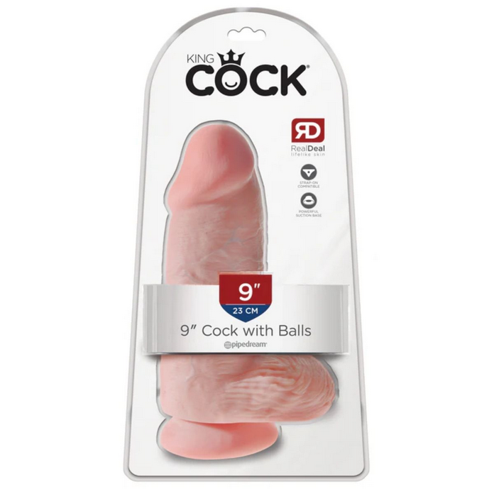 Package of a 9-inch cock with balls sex toy, brand 'King Cock' visible.