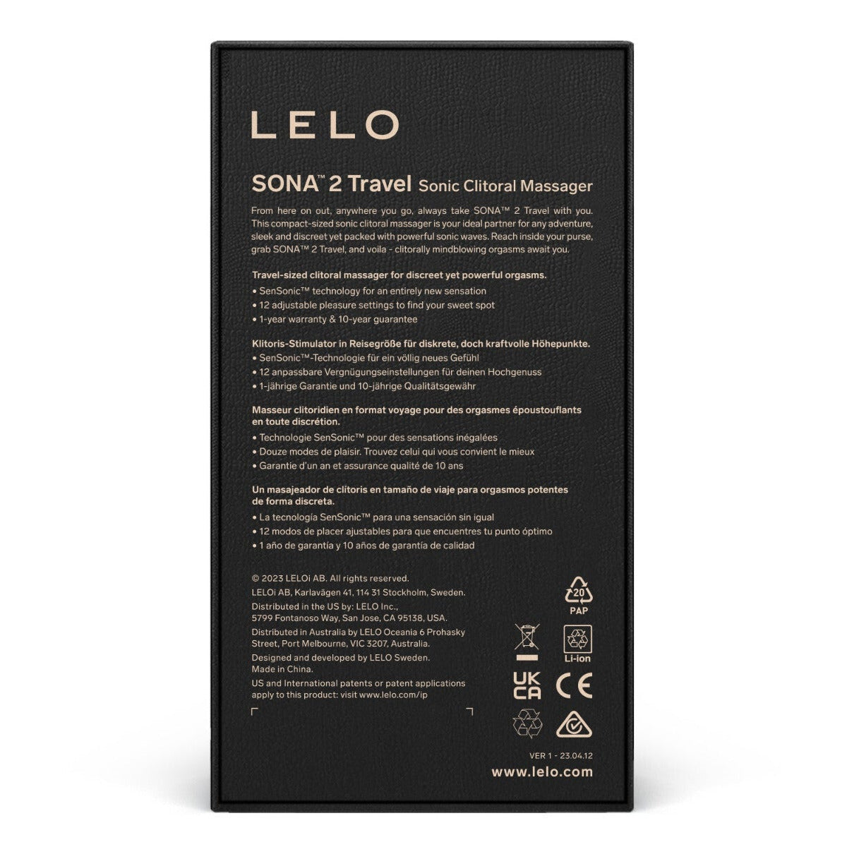 Black packaging of LELO Sona 2 Travel Sonic Clitoral Massager on a white background
