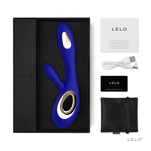 Blue electronic device with packaging, USB cable, and user manual on a white background