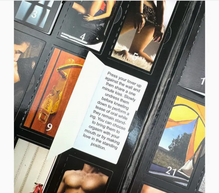 Sexual instruction cards with images and text on a black background
